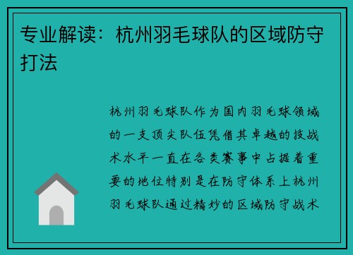 专业解读：杭州羽毛球队的区域防守打法