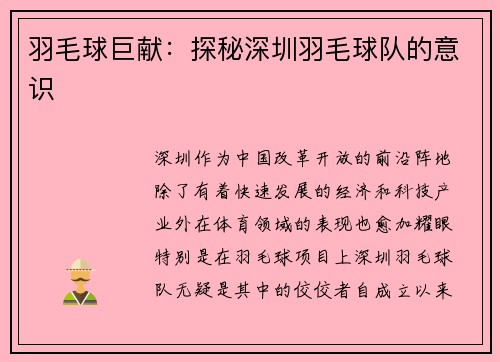 羽毛球巨献：探秘深圳羽毛球队的意识