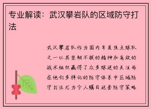 专业解读：武汉攀岩队的区域防守打法