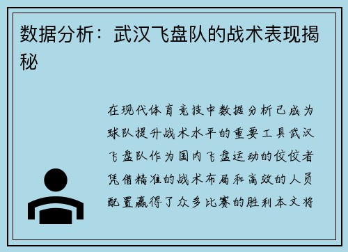 数据分析：武汉飞盘队的战术表现揭秘