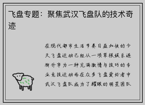 飞盘专题：聚焦武汉飞盘队的技术奇迹