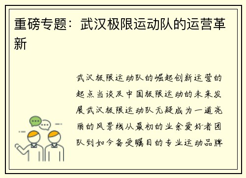 重磅专题：武汉极限运动队的运营革新