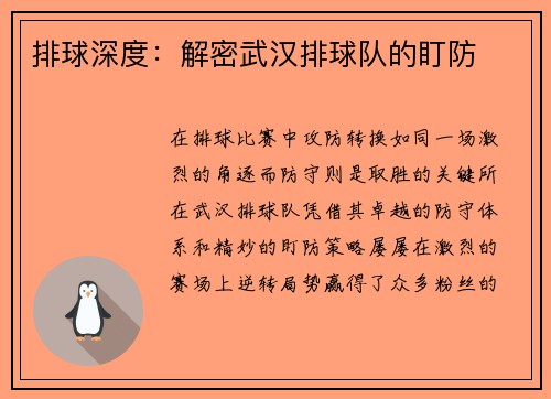 排球深度：解密武汉排球队的盯防