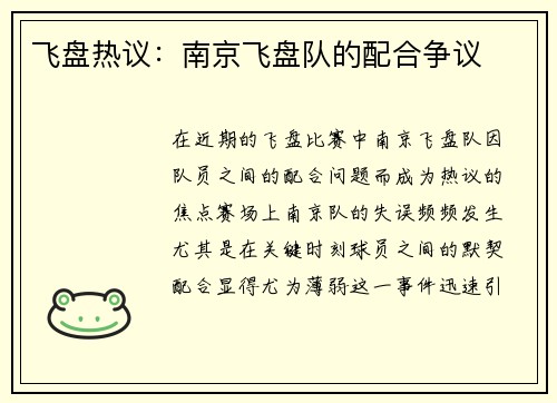 飞盘热议：南京飞盘队的配合争议