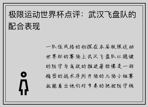 极限运动世界杯点评：武汉飞盘队的配合表现
