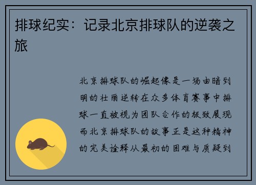 排球纪实：记录北京排球队的逆袭之旅